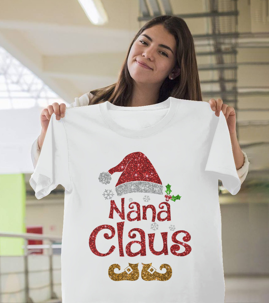 Nana Claus Santa Hat Holly Snowflakes Elf Shoes T-Shirt