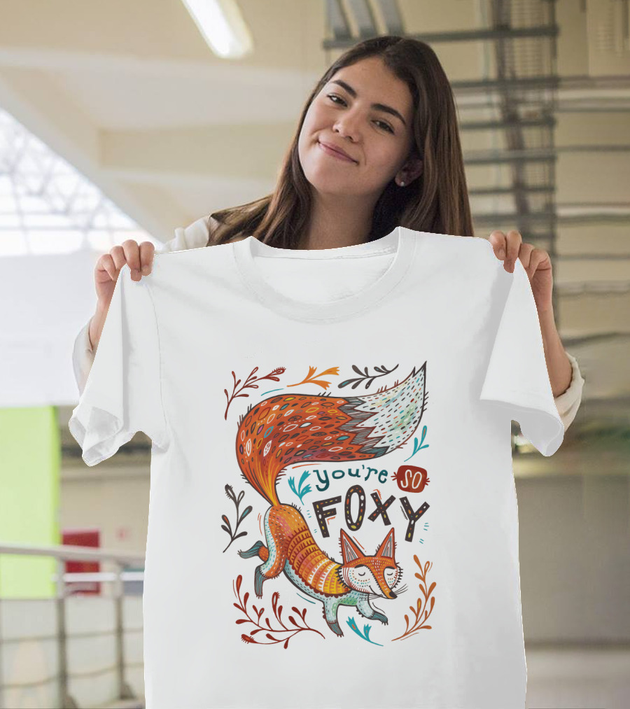 You're So Foxy Fox Design With Colorful Tail And Floral Accents T-Shirt