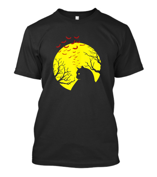 Cat Bats Halloween Night Haunted Full Moon Superstition T-Shirt