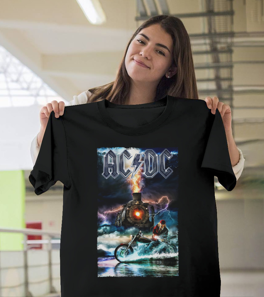AC/DC Rock and Roll Train with Lightning and Motorbike Scene T-Shirt