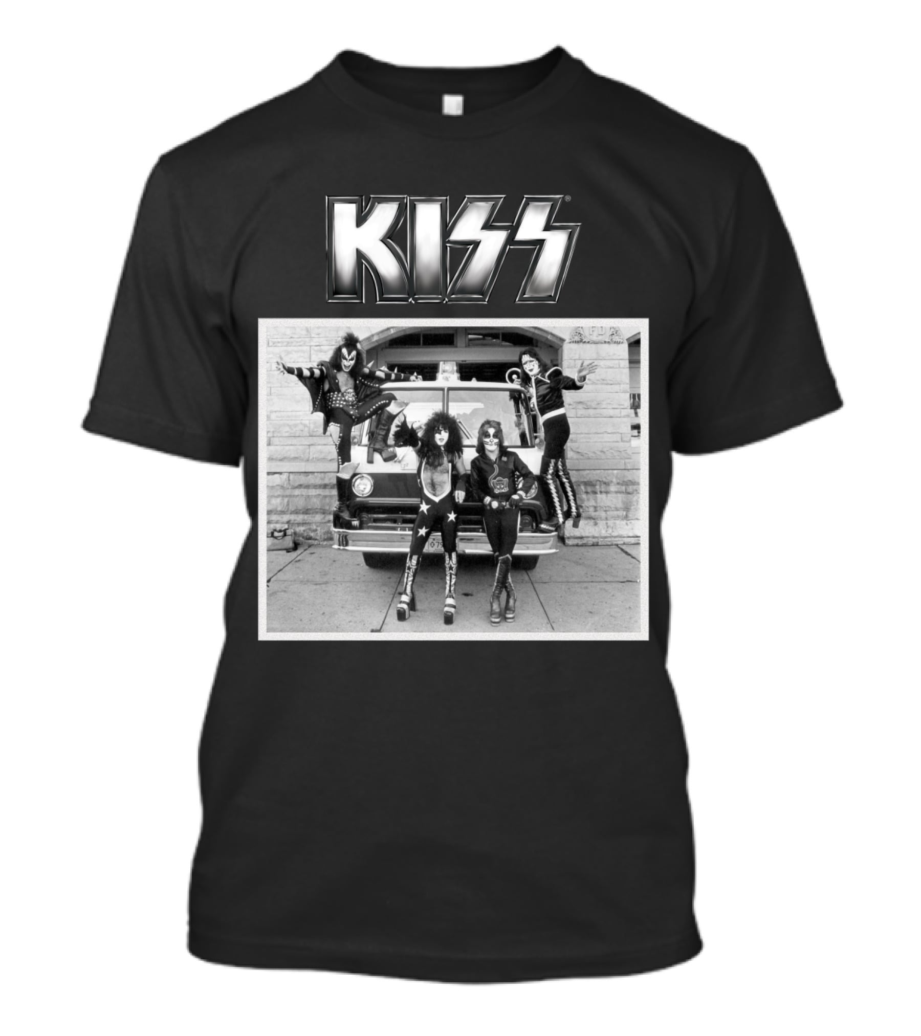 KISS Band On Cadillac With Logo Black And White Photograph T-Shirt