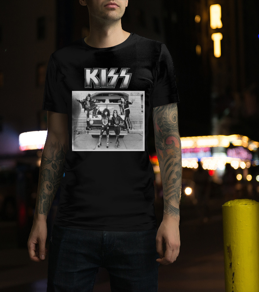 KISS Band On Cadillac With Logo Black And White Photograph T-Shirt