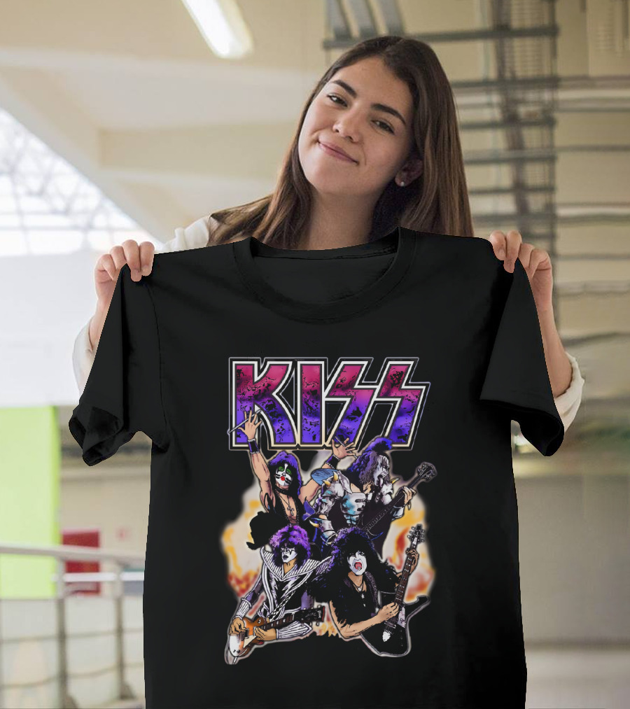KISS Band Cartoon Graphic with Fire Background T-Shirt