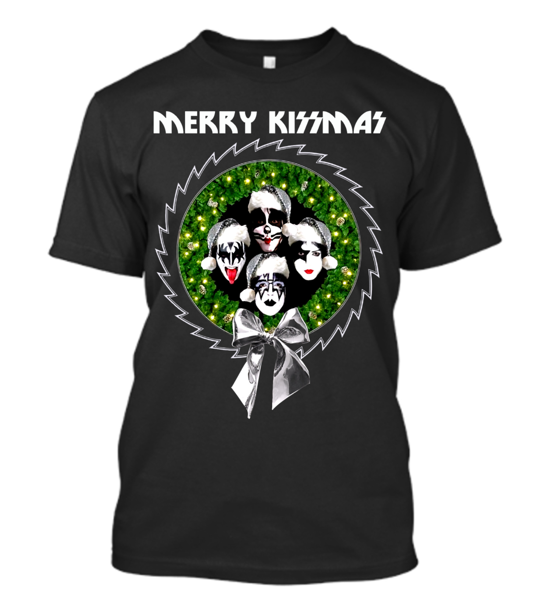 Merry Kissmas With Iconic Rock Band Faces In Festive Santa Hats Wreath T-Shirt