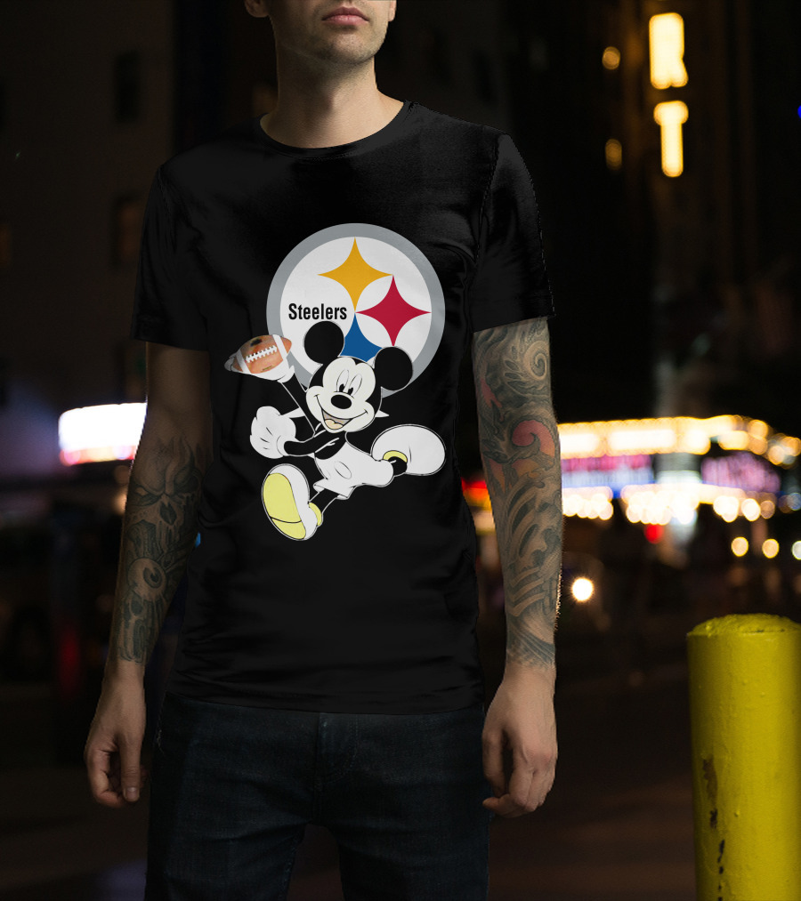 Mickey Mouse With Steelers Logo And Football T-Shirt