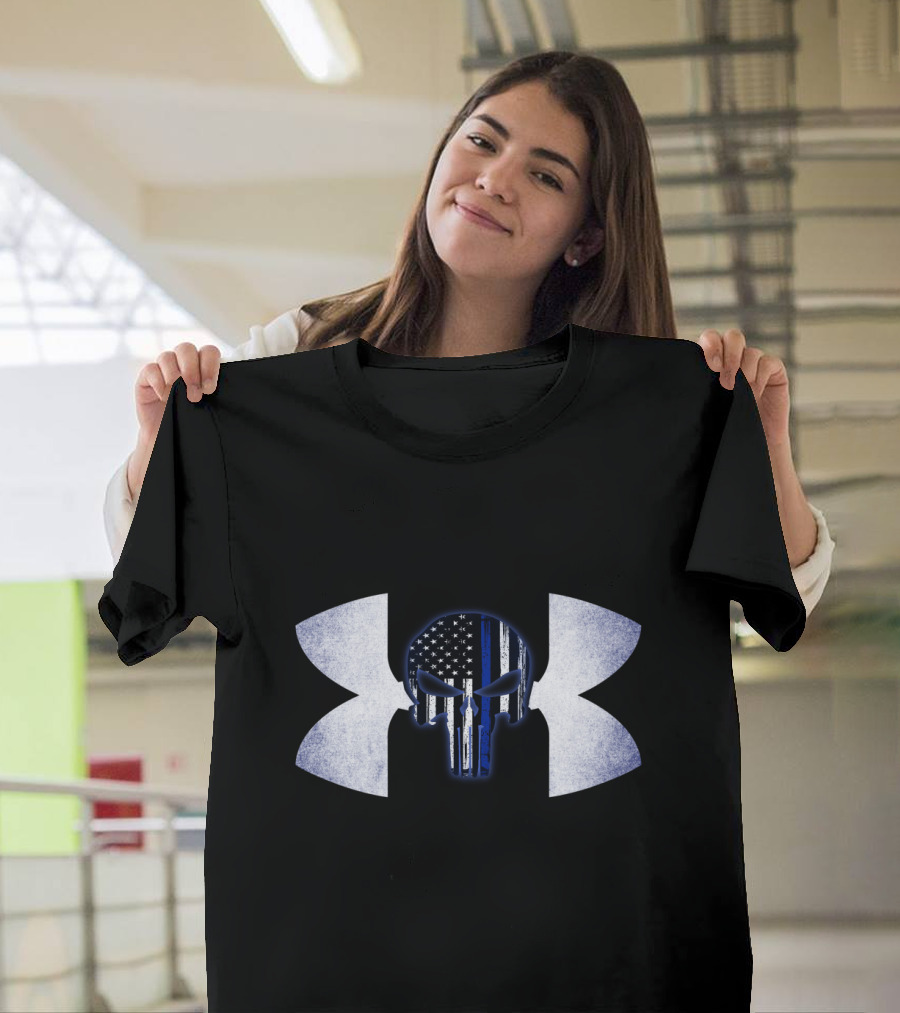 Punisher Skull Thin Blue Line Under Armour Logo American Flag T-Shirt