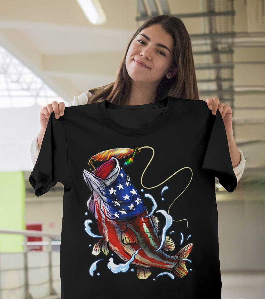 American Flag Bass Fishing Angler Dad Fish T-Shirt