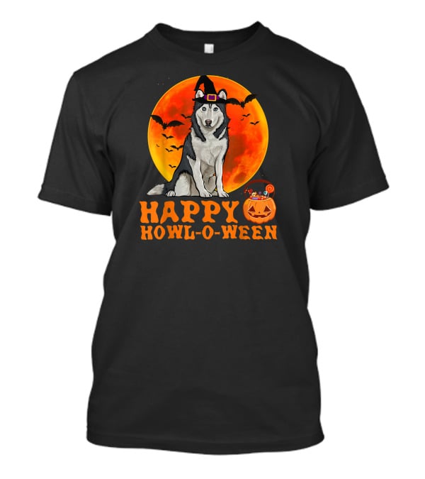 Halloween Siberian Husky Dog Happy Howl-O-Ween Pumpkin Moon Bats T-Shirt