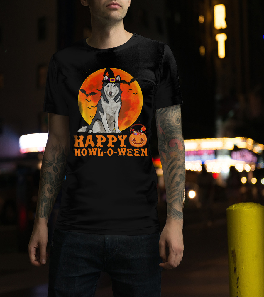 Halloween Siberian Husky Dog Happy Howl-O-Ween Pumpkin Moon Bats T-Shirt