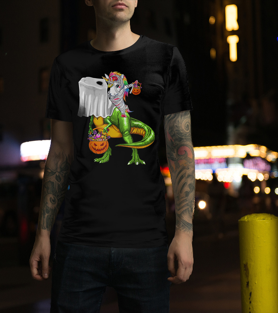 Funny Boo Dinosaur Mummy Unicorn Carrying Pumpkin Halloween T-Shirt