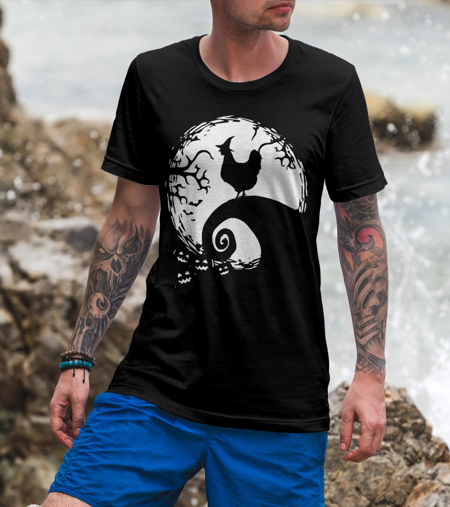 Funny Chicken Halloween Moon Pumpkin Nightmare Hill Scene T-Shirt