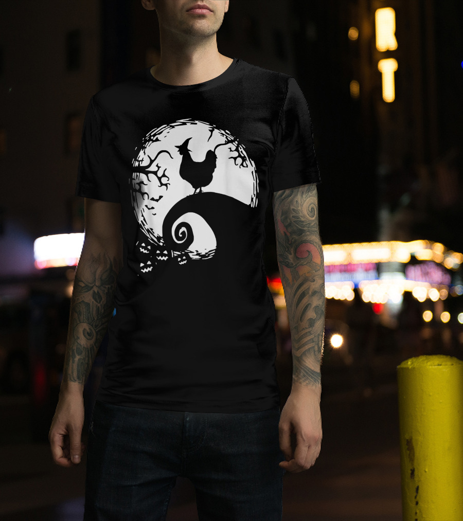 Funny Chicken Halloween Moon Pumpkin Nightmare Hill Scene T-Shirt