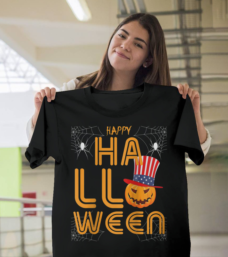 Happy Halloween Funny Orange Pumpkin American Flag Hat With Spider Webs T-Shirt