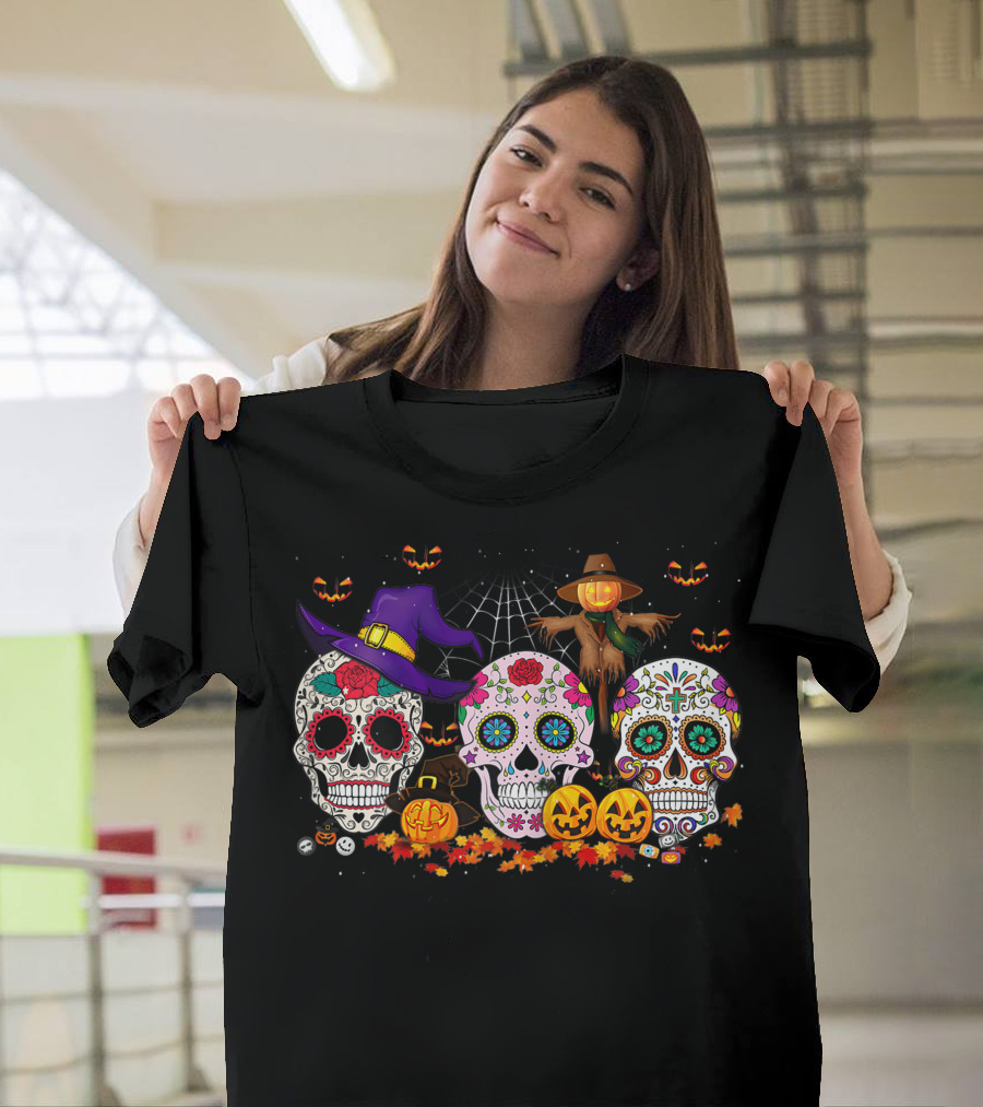 Sugar Skull Funny Halloween Pumpkin Witch Hat Autumn T-Shirt