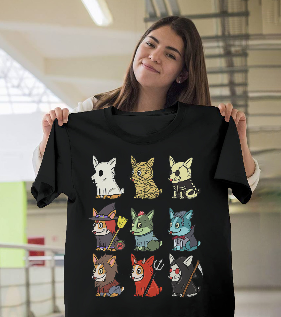 Corgi in Scary Ghost, Mummy, Skeleton, Witch, Zombie, Vampire, Werewolf, Devil, and Grim Reaper Costumes Funny Dog T-Shirt