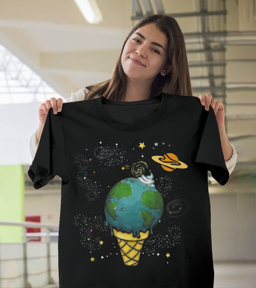 Funny Space Galaxy Earth Saturn Planets in Ice Cream Cone T-Shirt