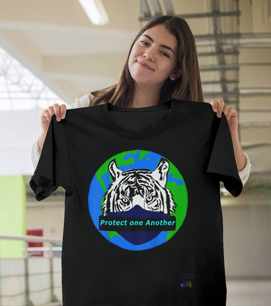 Lucmarty Protect One Another Tiger Wearing Face Mask Over Earth T-Shirt