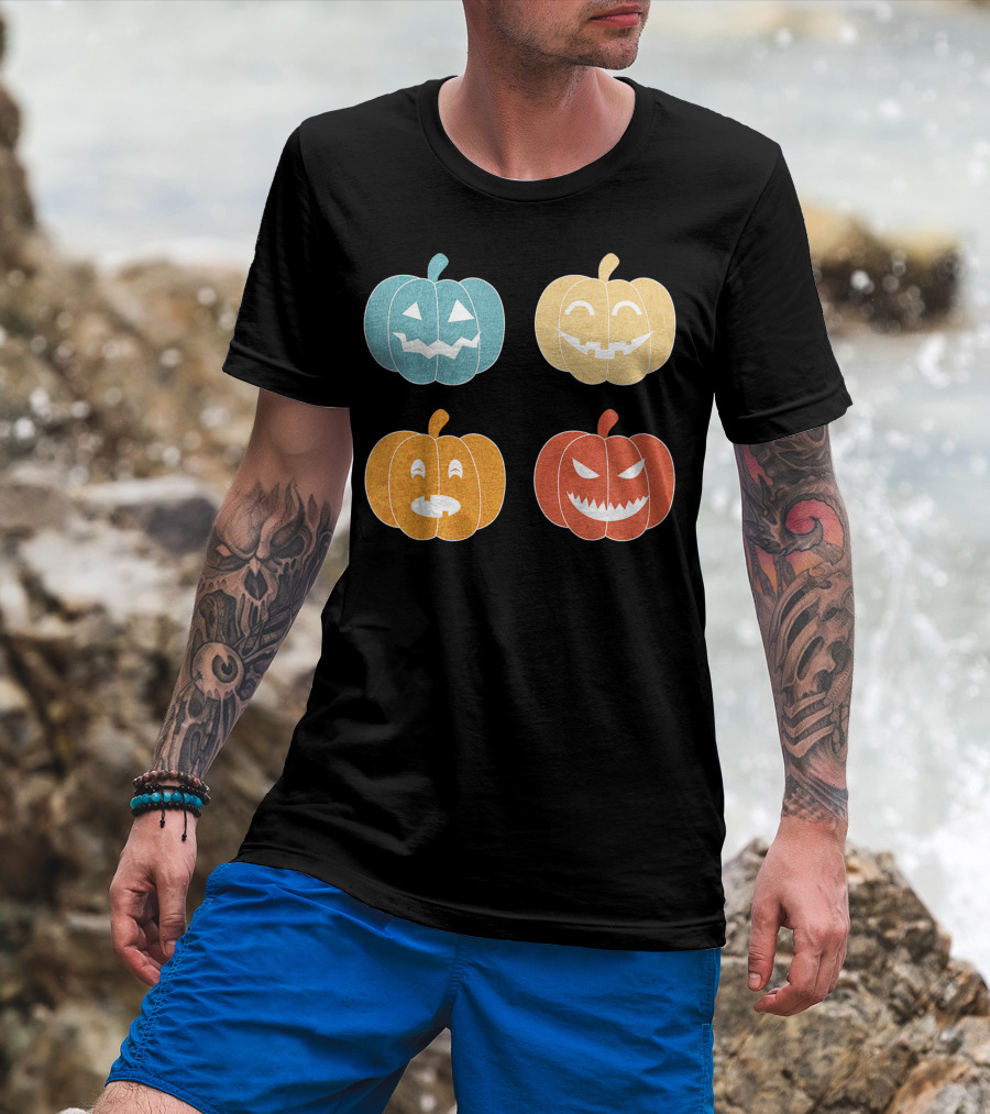 Vintage Halloween Colorful Pumpkin Faces T-Shirt