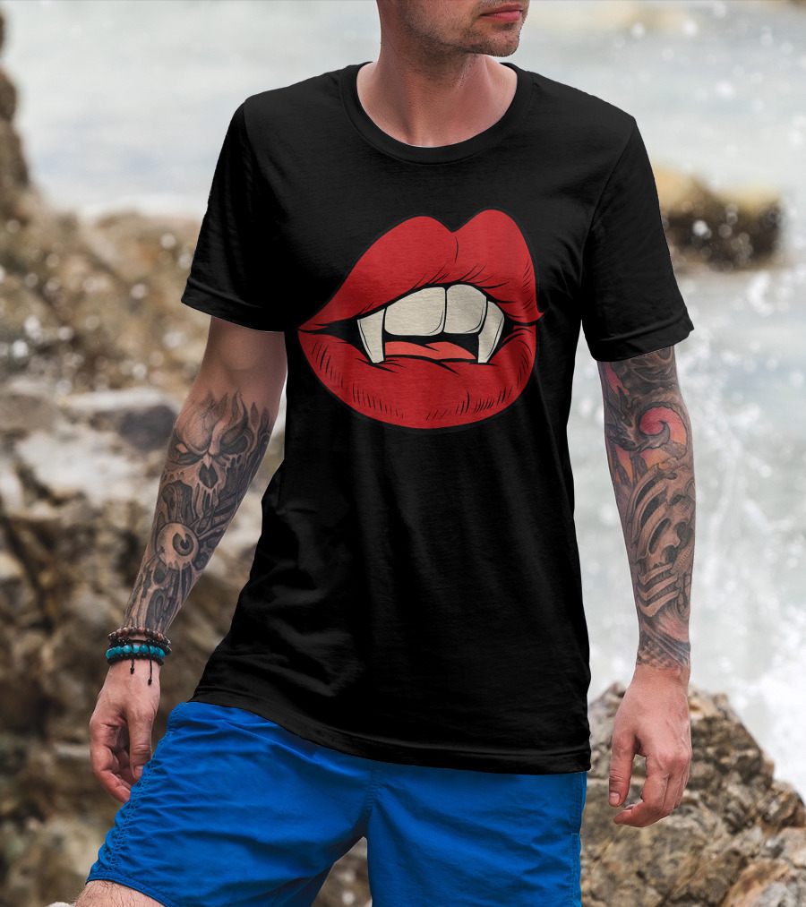 Women Vampire Kiss Halloween Rock Punk Goth Lips Fangs T-Shirt