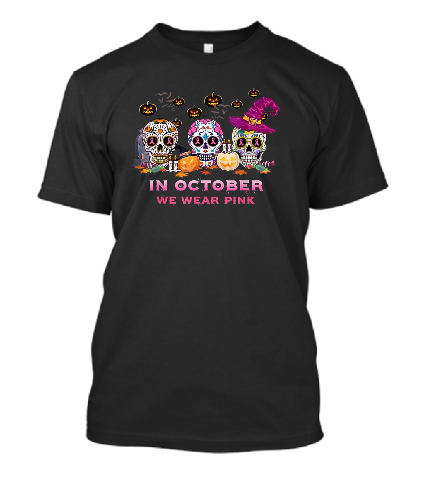 In October We Wear Pink Breast Cancer Awareness Sugar Skulls Halloween T-Shirt