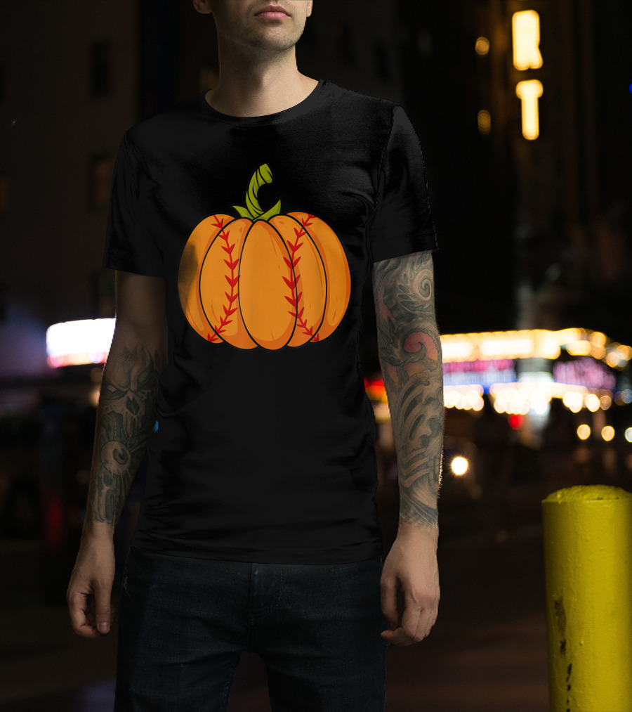 Thanksgiving Baseball Halloween Pumpkin Boys Pitcher Catcher Colorful Stitched T-Shirt