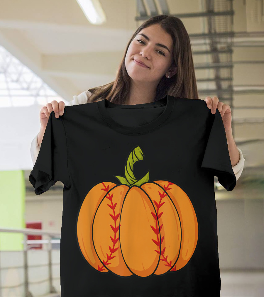 Thanksgiving Baseball Halloween Pumpkin Boys Pitcher Catcher Colorful Stitched T-Shirt