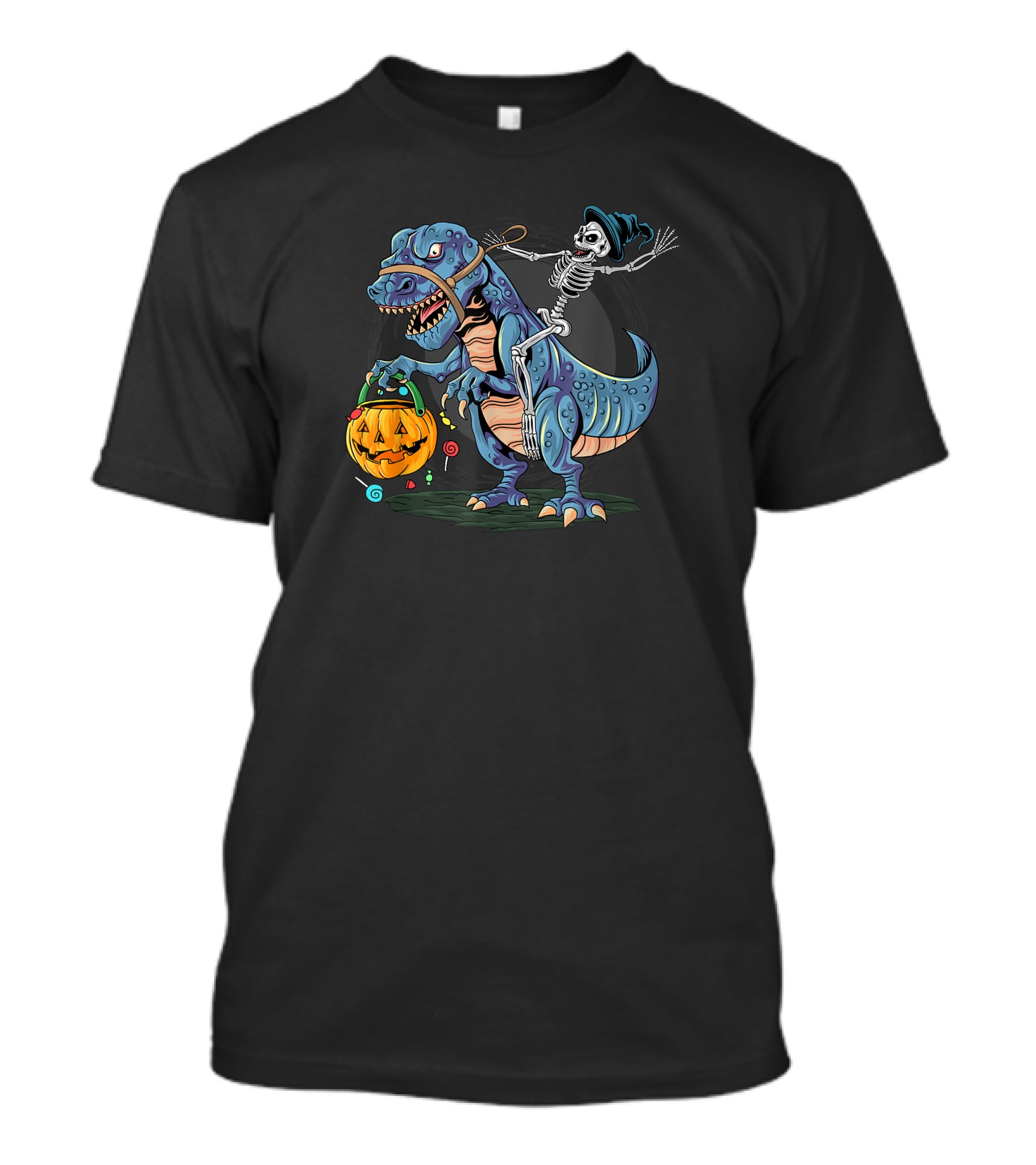 Skeleton With Candy Pumpkin Riding Rex Halloween T-Shirt