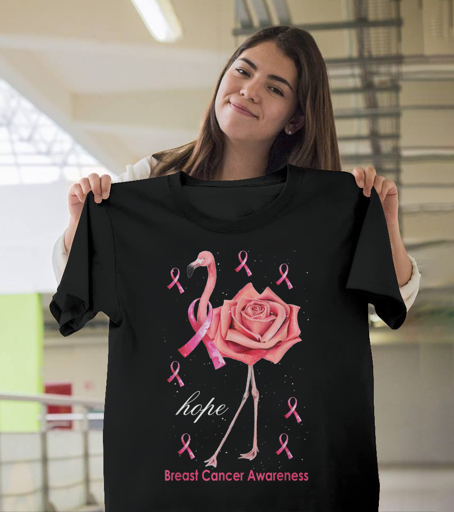 Hope Flamingo Breast Cancer Awareness Pink Ribbon Flower T-Shirt