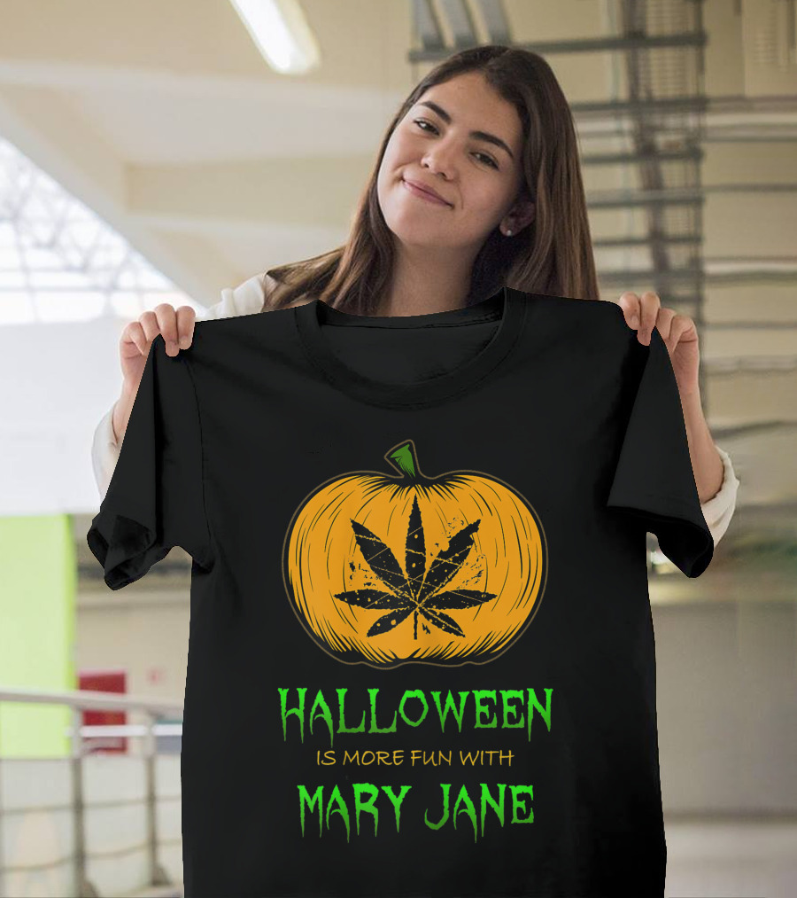 Halloween Is More Fun With Mary Jane Pumpkin Weed Leaf T-Shirt