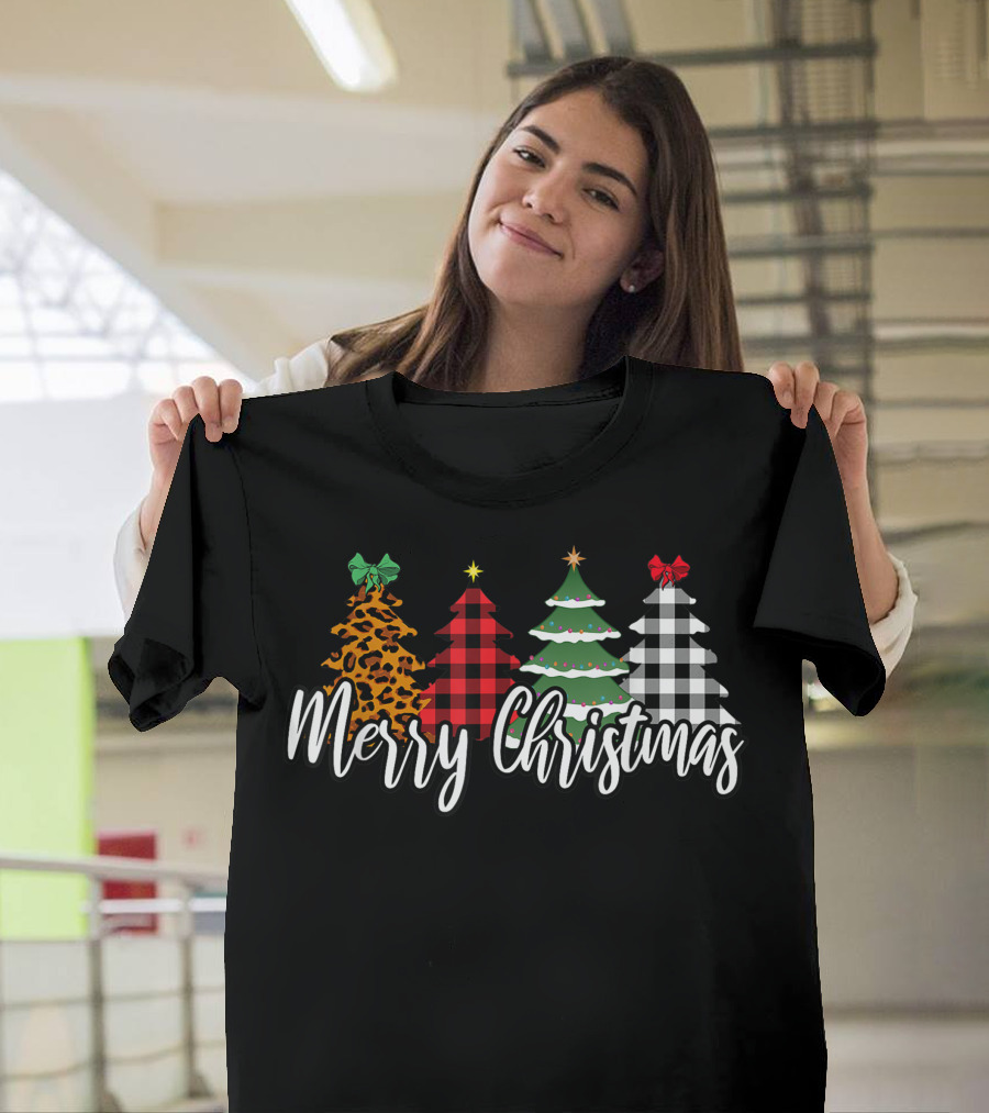 Merry Christmas Leopard Print Buffalo Plaid Holiday Trees T-Shirt