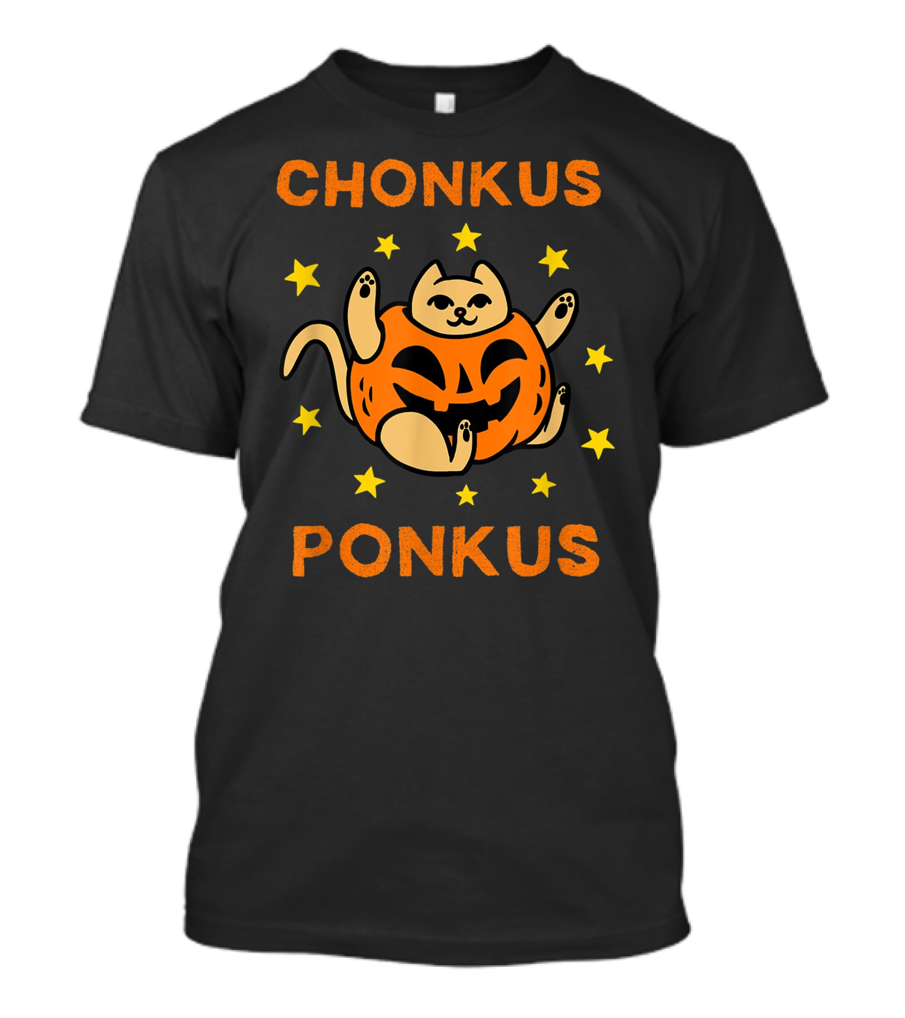 Chonkus Ponkus Funny Halloween Pumpkin Chubby Cat With Stars T-Shirt