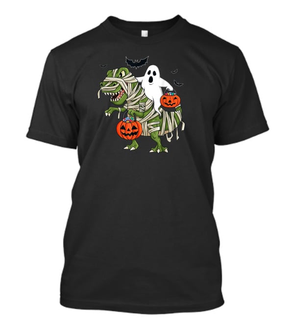 Halloween Ghost Riding Mummy Dinosaur With Pumpkins And Bats T-Shirt