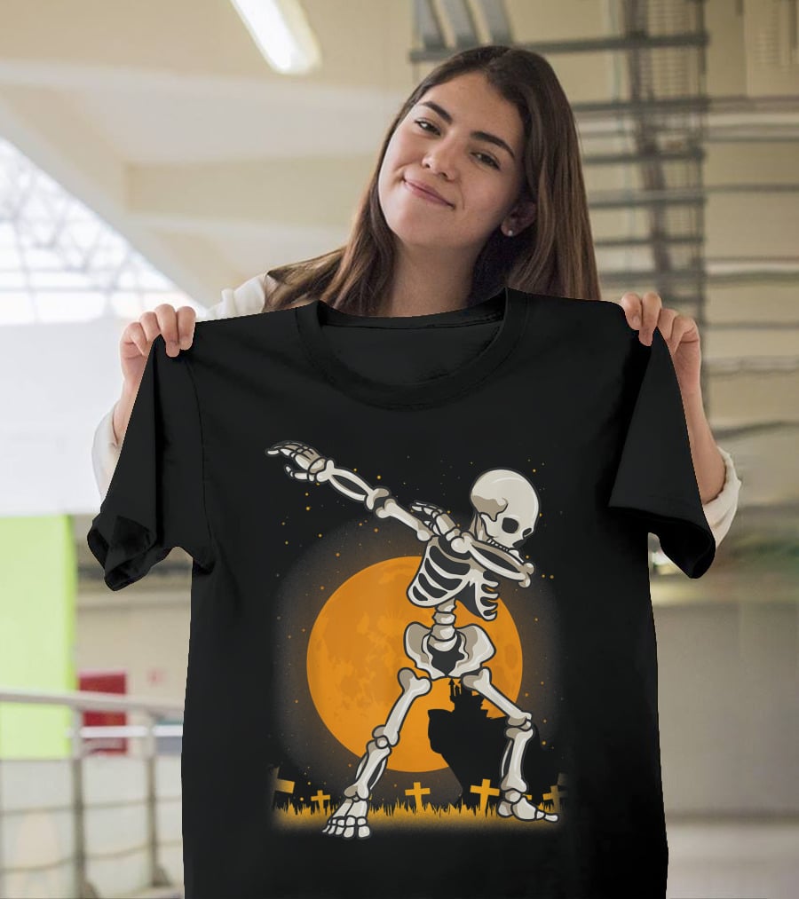 Dabbing Skeleton Dab Best Costume Halloween Moon Graveyard T-Shirt