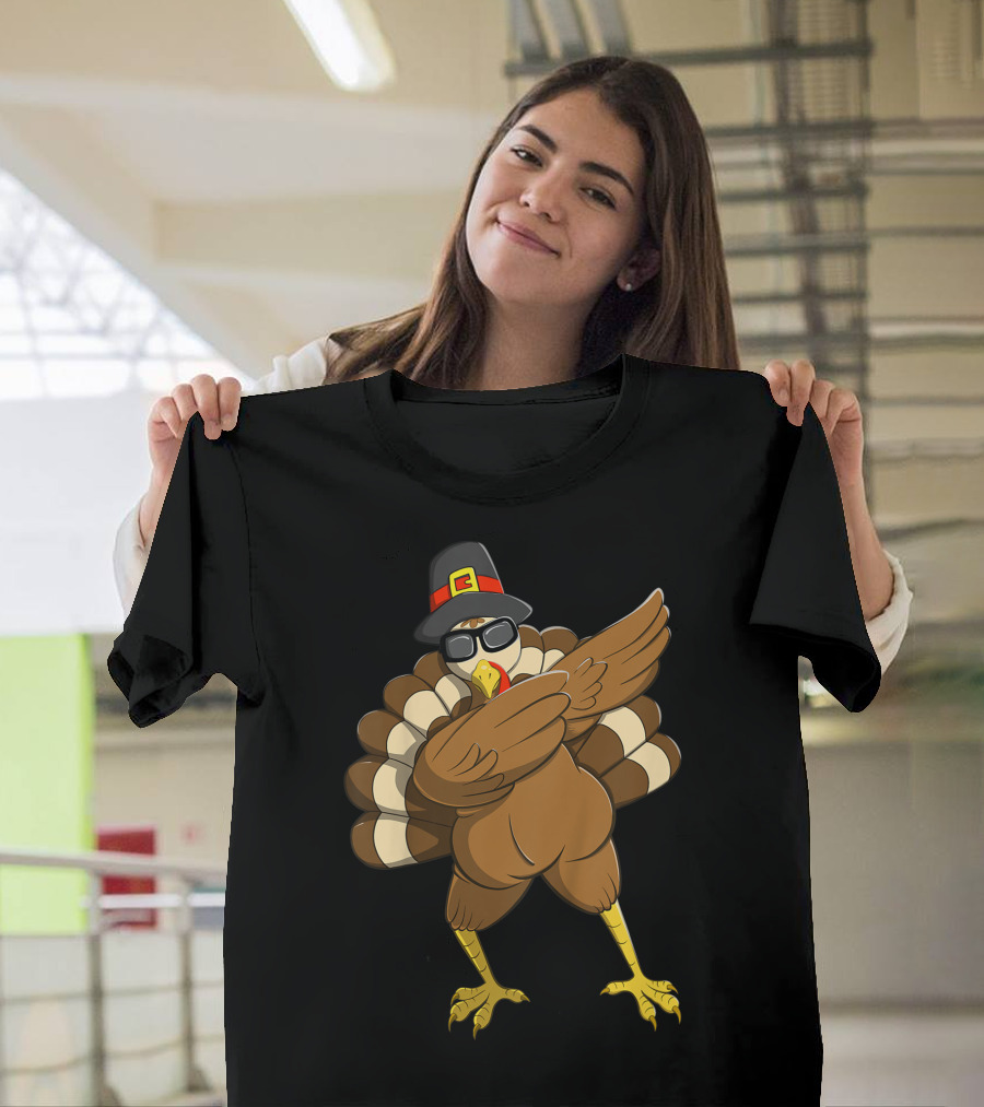 Happy Thanksgiving Day Family Funny Dab Turkey With Pilgrim Hat T-Shirt