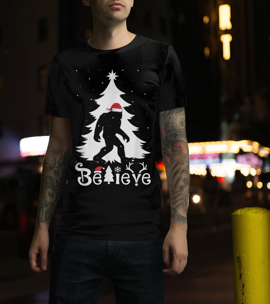 Believe Bigfoot Christmas Santa Hat Snowflakes T-Shirt