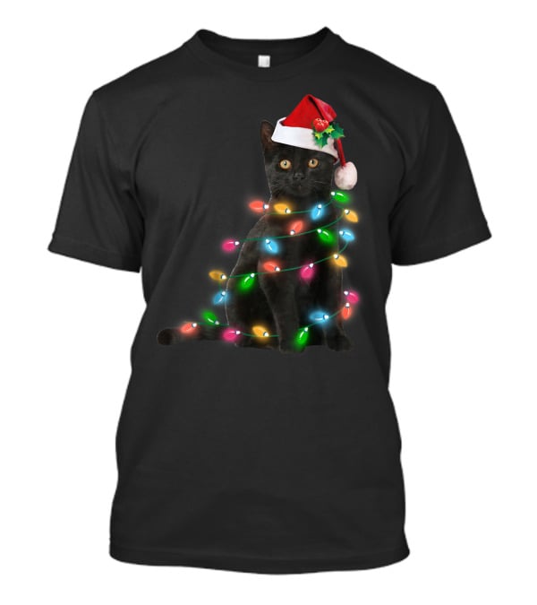 Black Cat In Christmas Lights With Santa Hat For Funny Cat Lover T-Shirt