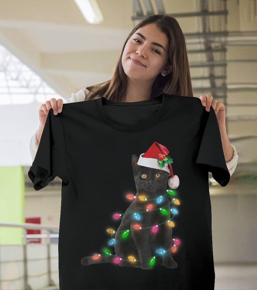 Black Cat in Christmas Lights with Santa Hat for Funny Cat Lover T-Shirt