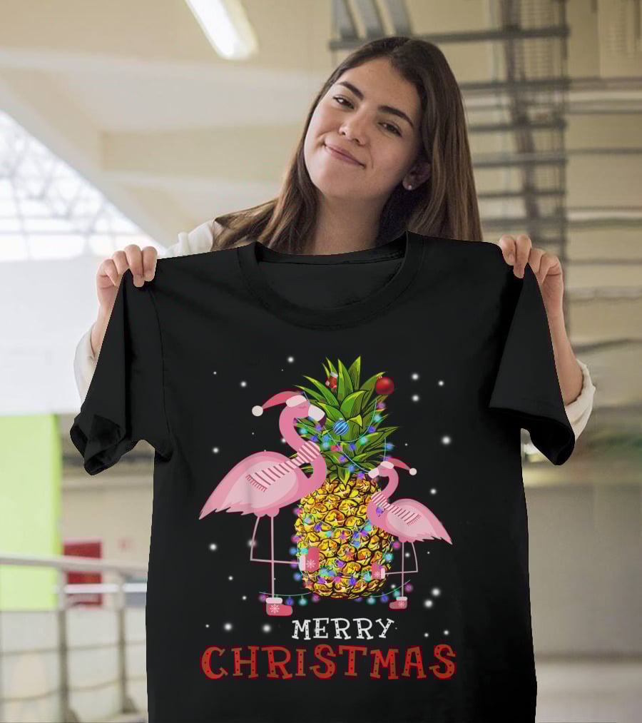 Merry Christmas Flamingo Pineapple With Xmas Lights T-Shirt