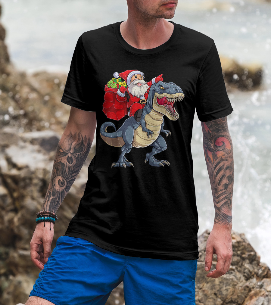 Santa Claus Riding T-Rex With Gifts T-Shirt