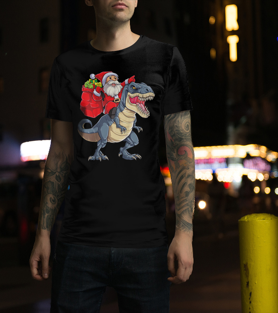 Santa Claus Riding T-Rex With Gifts T-Shirt