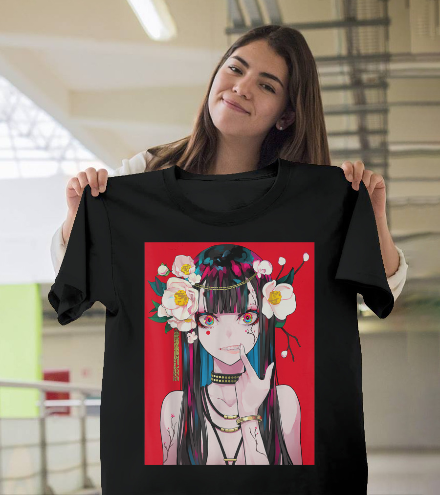 Anime Girl Japanese Aesthetic Otaku Red Background Flowers T-Shirt