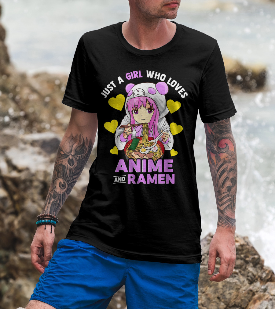 Just A Girl Who Loves Anime And Ramen Panda Hoodie Pink Hair T-Shirt