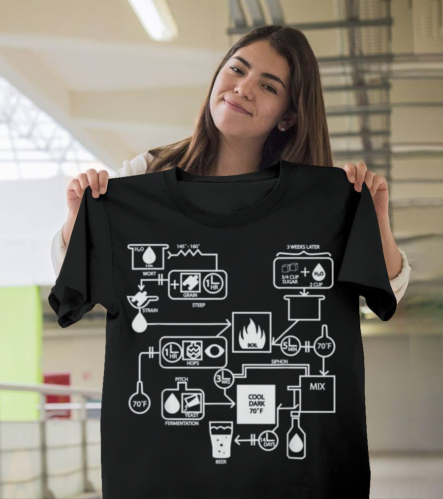 Beer Brewing Process Flowchart Diagram with Hops Yeast Sugar Mix T-Shirt