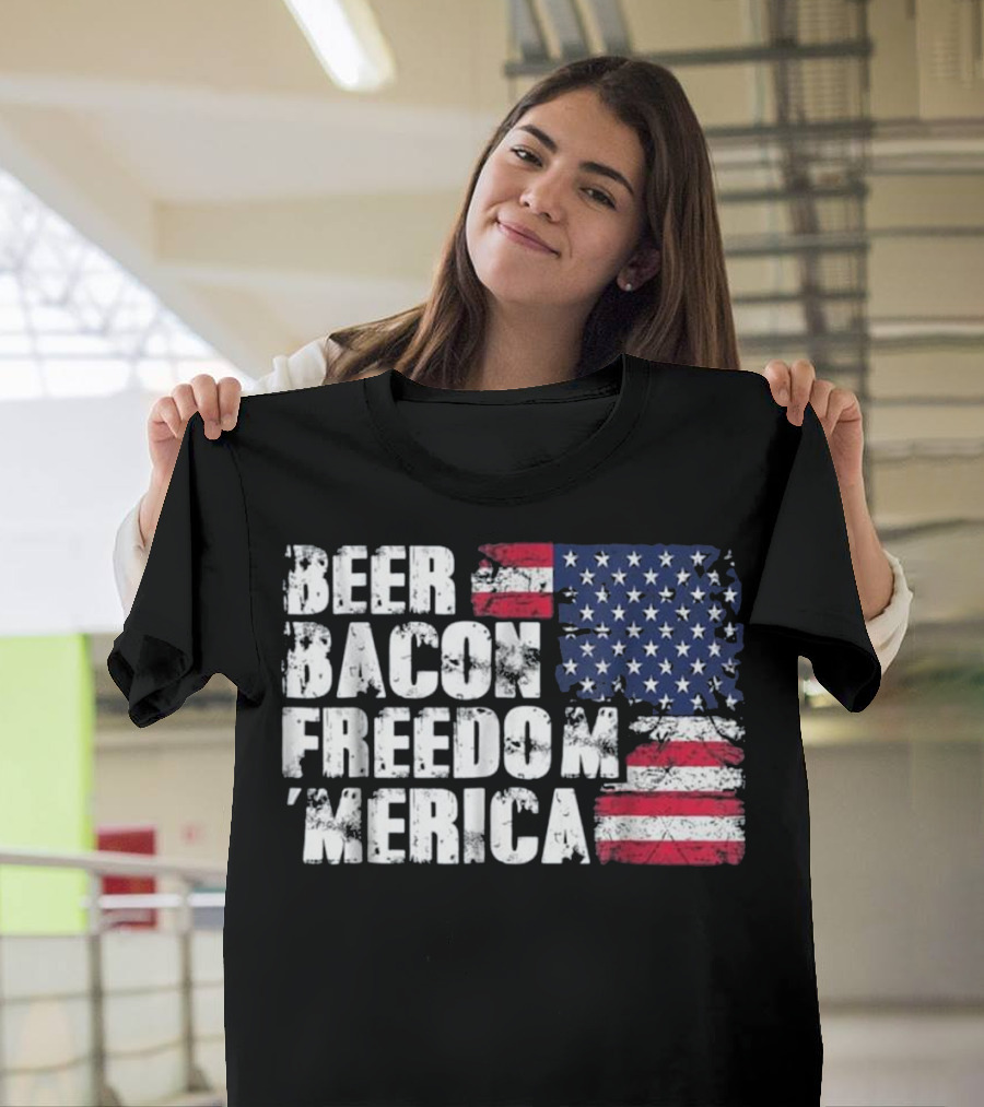 Beer Bacon Freedom Merica American Flag Patriotic T-Shirt