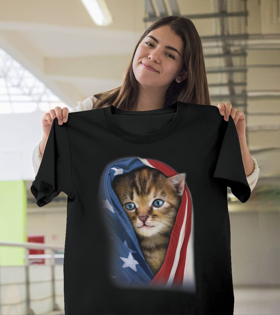 Kitten Wrapped in American Flag Headscarf with Patriotic T-Shirt
