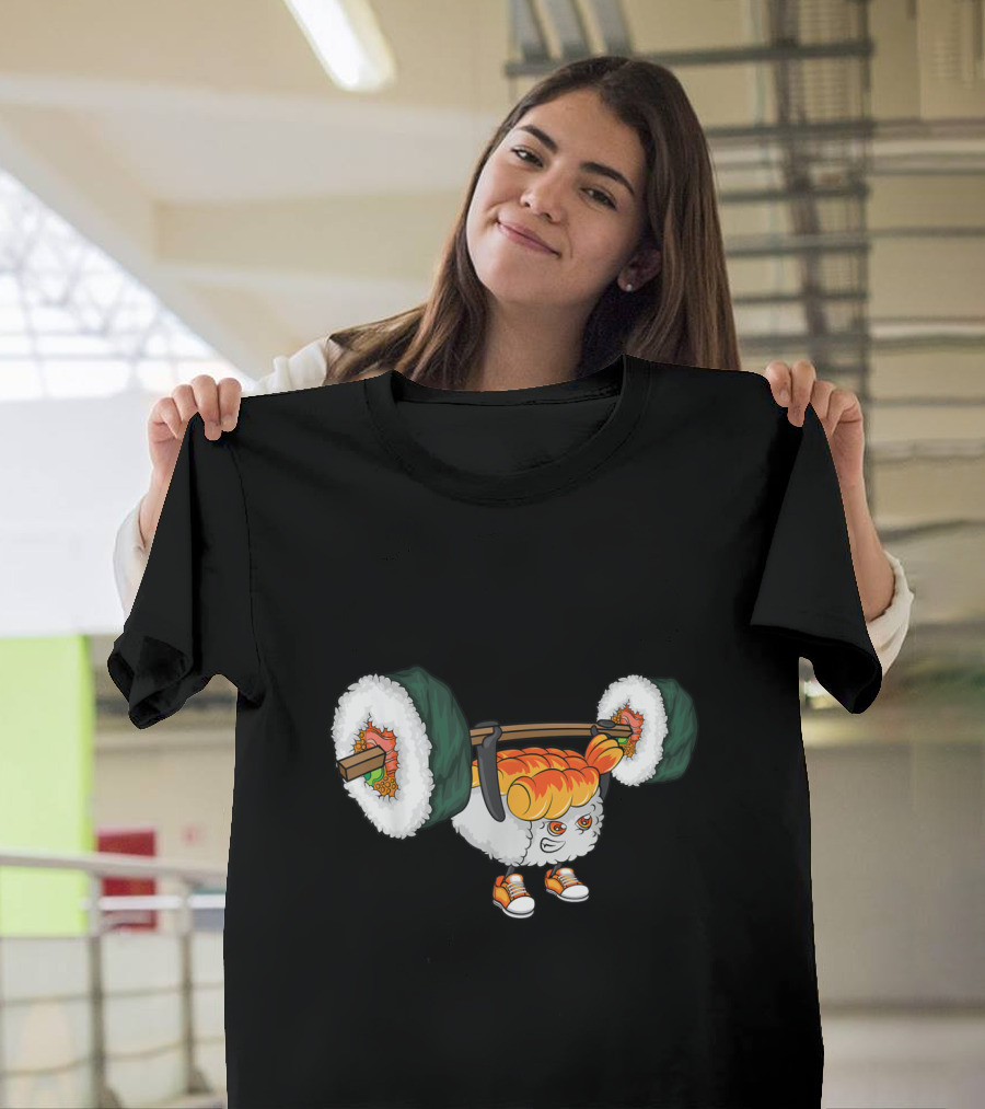 Cute Sushi Weightlifting Cartoon Inspired by Japanese Food Humor T-Shirt