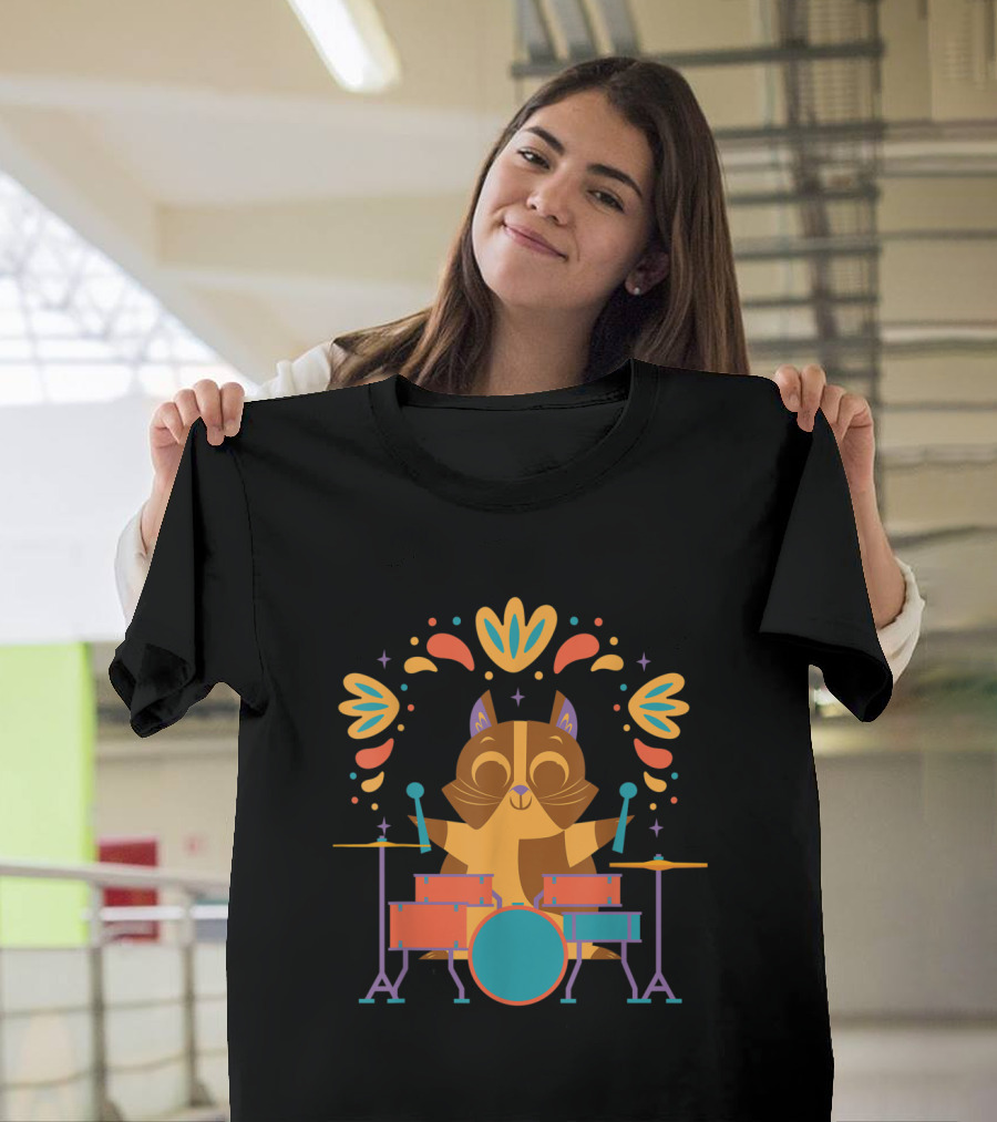 Cat Playing Drums Surrounded by Colorful Patterns and Symbols T-Shirt