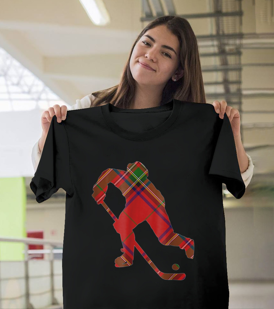 Hockey Player Silhouette in Red Tartan T-Shirt