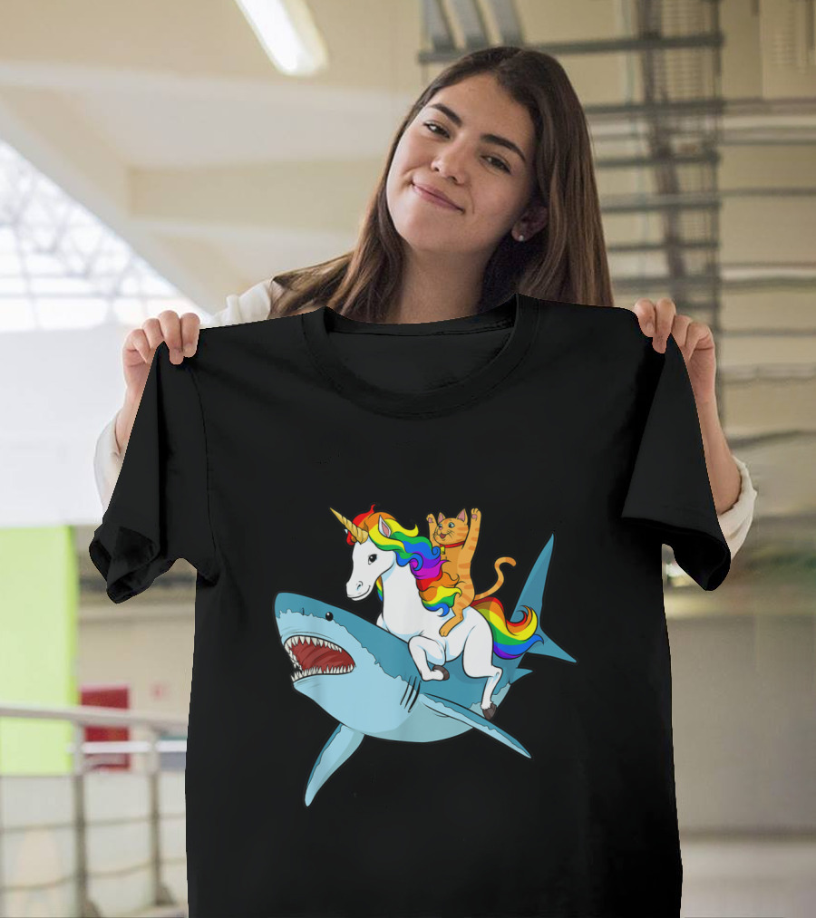 Cat on Unicorn with Rainbow Mane Riding a Shark Fantasy Adventure T-Shirt