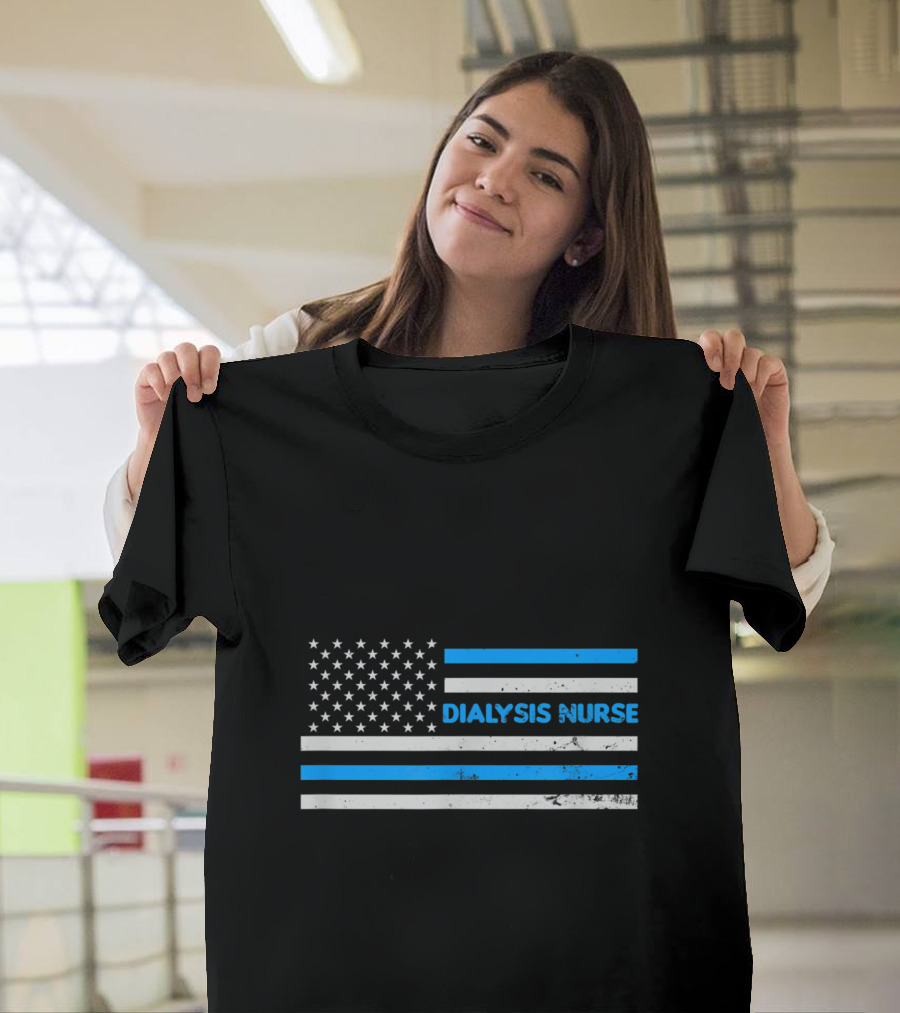 Dialysis Nurse American Flag Black and Blue Patriotic T-Shirt